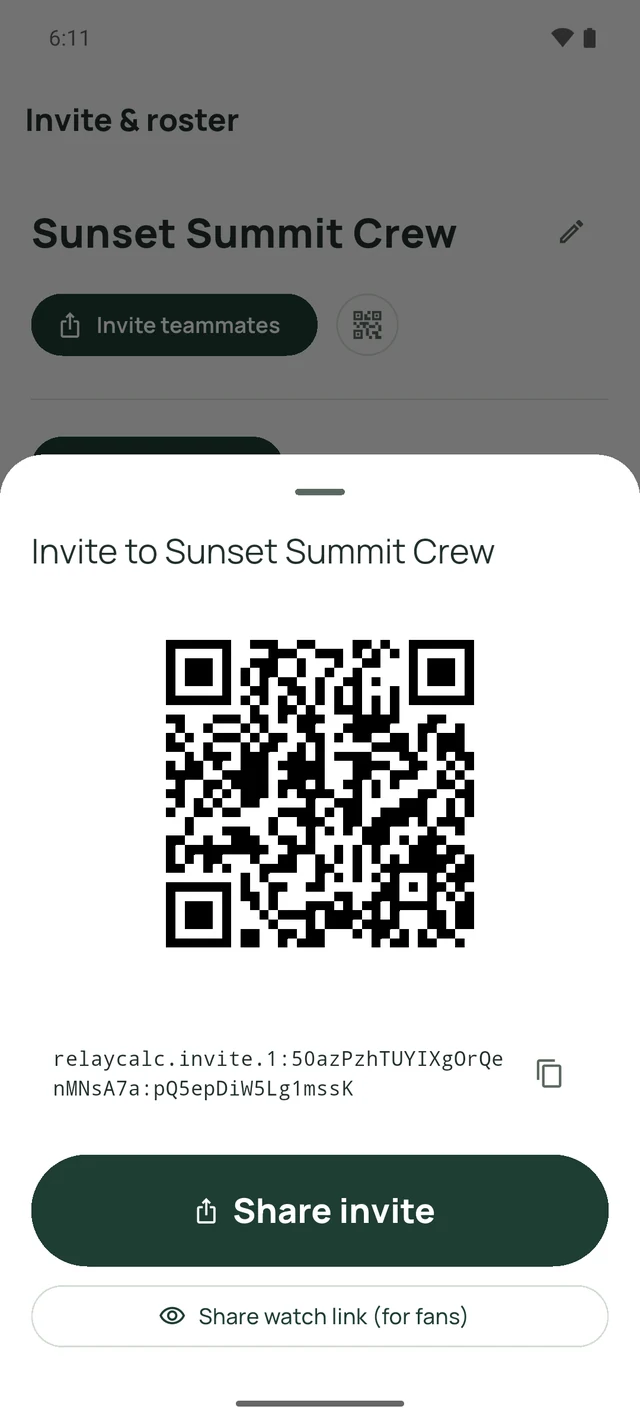 From the Menu tab: the invite and roster screen, showing a QR code for teammates and a share link for fans.