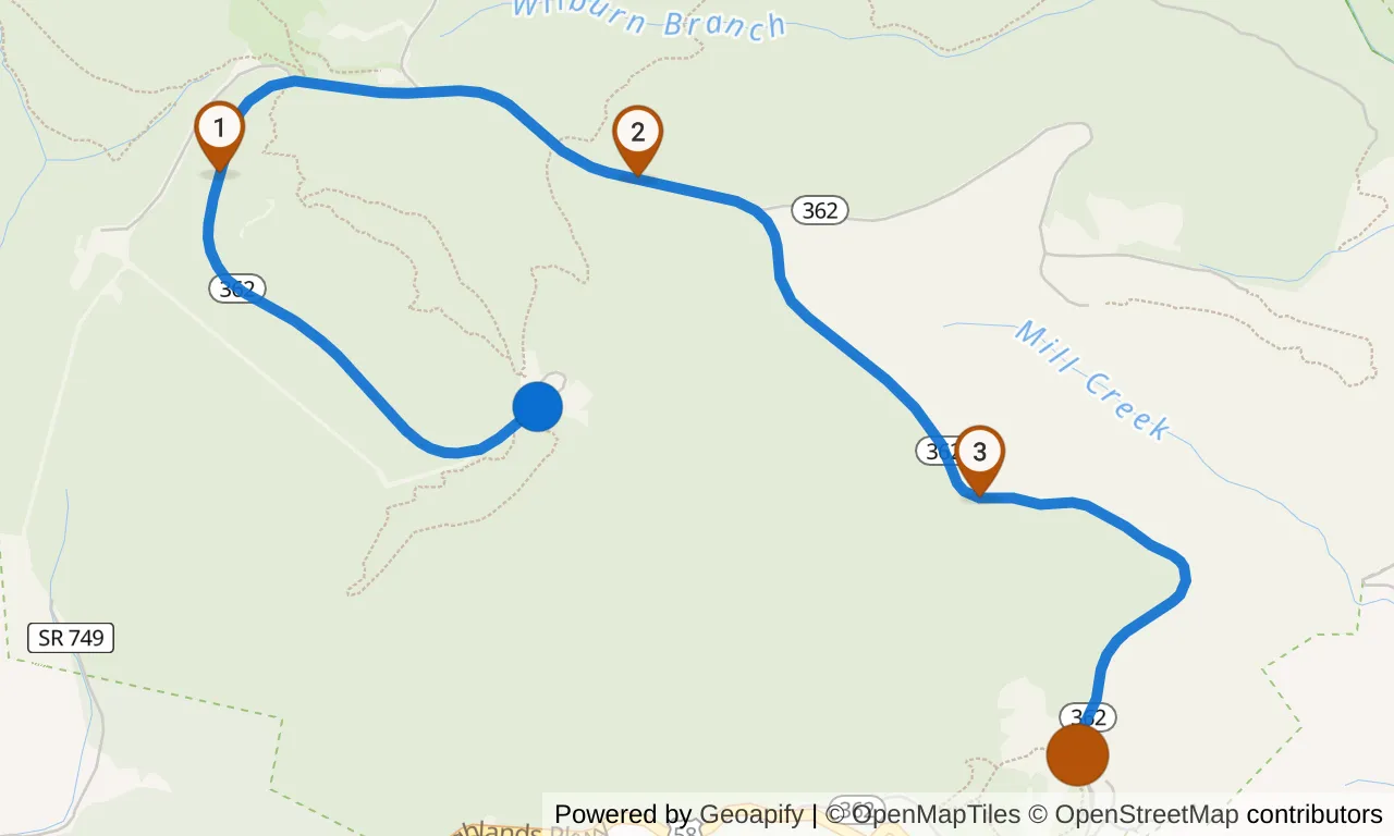 Map of leg 1: the route with mile markers, Grayson Highlands, VA to Exchange 1.