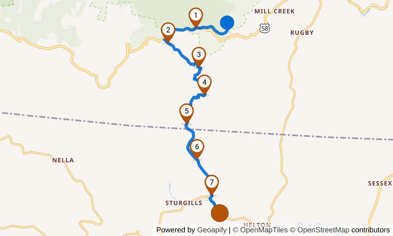 Map of leg 2: the route with mile markers, Exchange 1 to Exchange 2.