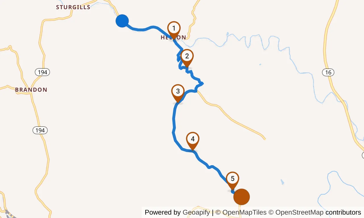 Map of leg 3: the route with mile markers, Exchange 2 to Exchange 3.