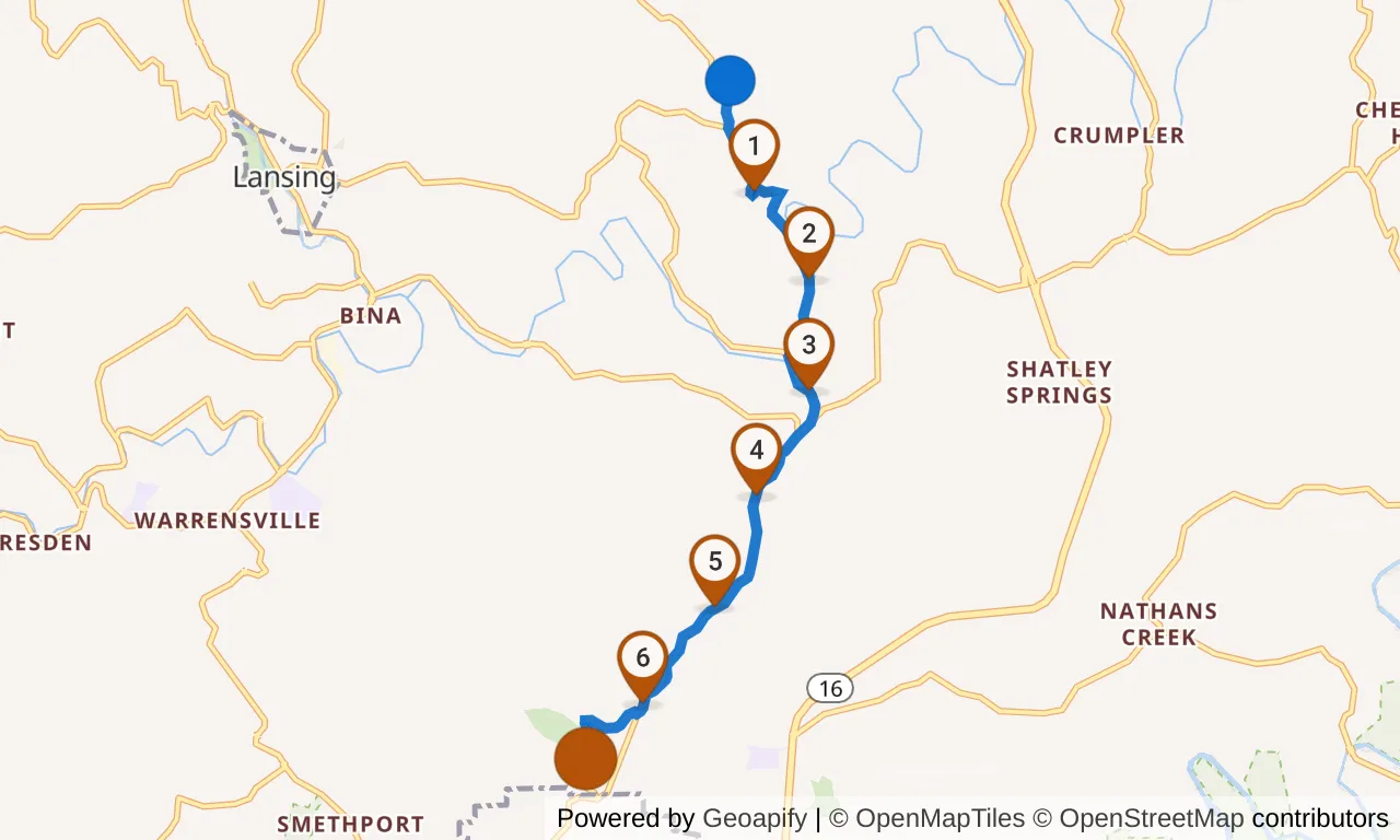 Map of leg 4: the route with mile markers, Exchange 3 to Exchange 4.