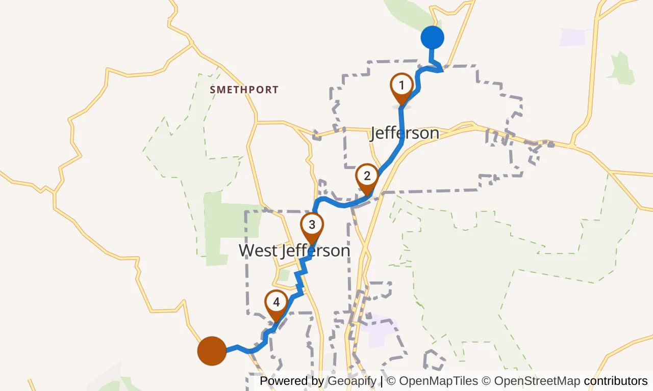 Map of leg 5: the route with mile markers, Exchange 4 to Exchange 5.