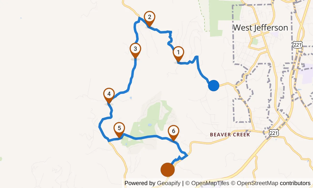 Map of leg 6: the route with mile markers, Exchange 5 to Exchange 6.