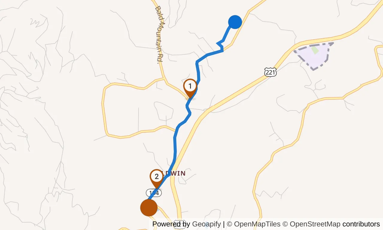 Map of leg 7: the route with mile markers, Exchange 6 to Exchange 7.