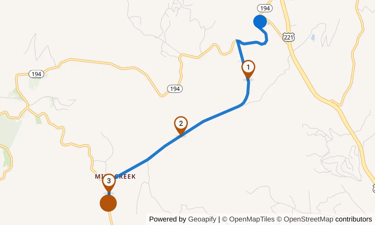Map of leg 8: the route with mile markers, Exchange 7 to Exchange 8.
