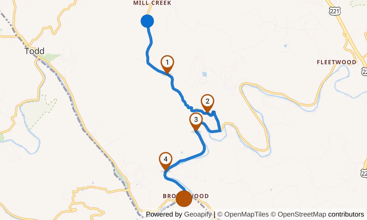 Map of leg 9: the route with mile markers, Exchange 8 to Exchange 9.