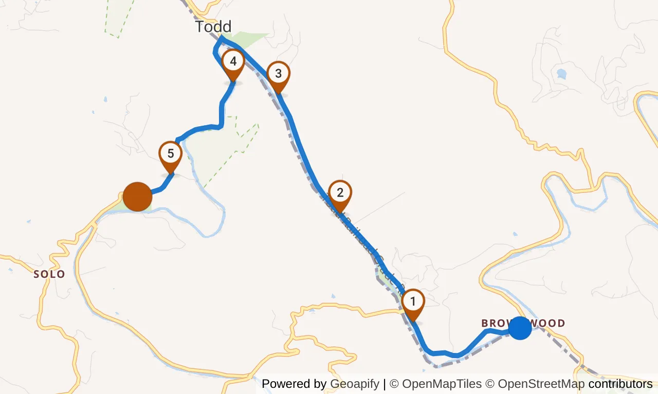 Map of leg 10: the route with mile markers, Exchange 9 to Exchange 10.