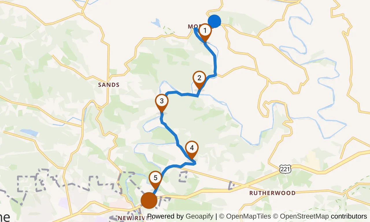 Map of leg 12: the route with mile markers, Exchange 11 to Exchange 12.