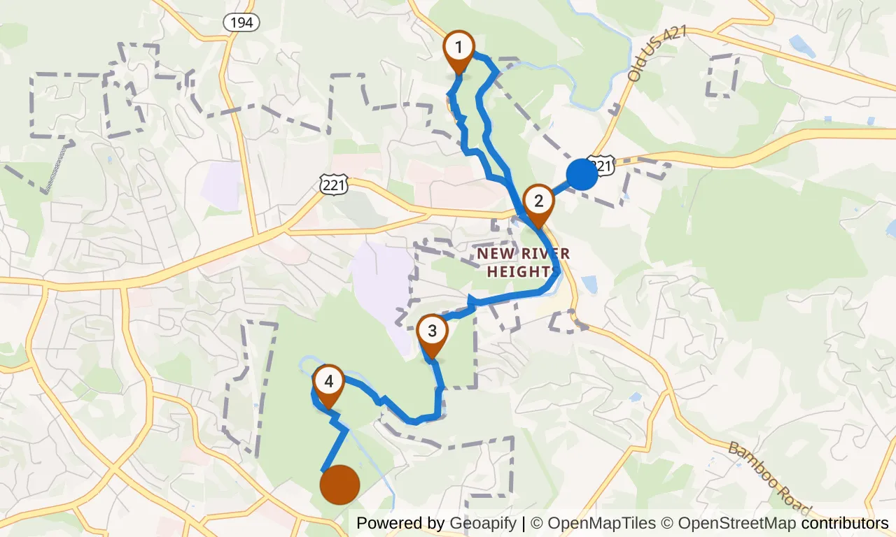Map of leg 13: the route with mile markers, Exchange 12 to Exchange 13.