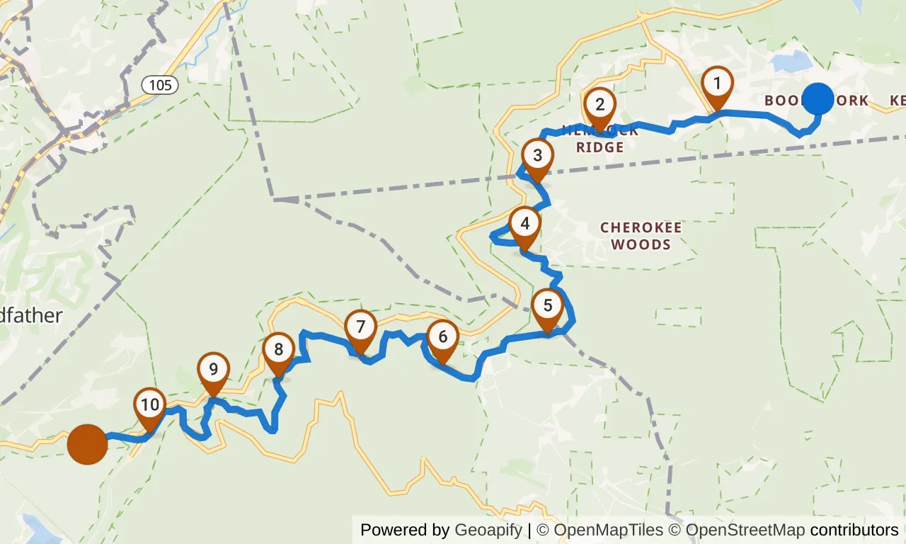 Map of leg 16: the route with mile markers, Exchange 15 to Exchange 16.