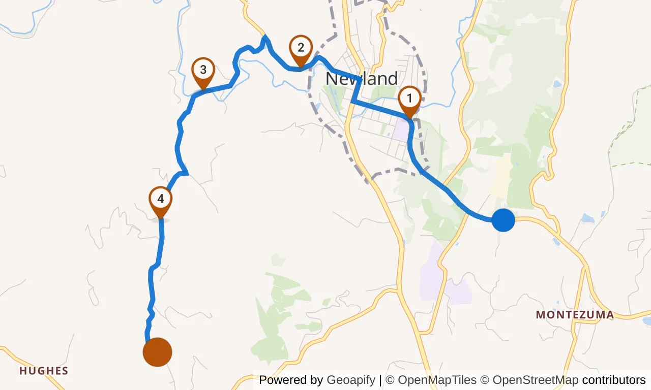 Map of leg 18: the route with mile markers, Exchange 17 to Exchange 18.