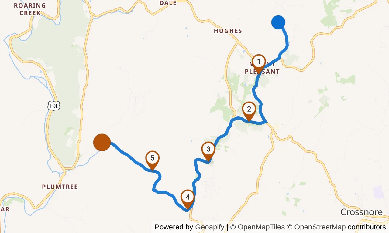 Map of leg 19: the route with mile markers, Exchange 18 to Exchange 19.