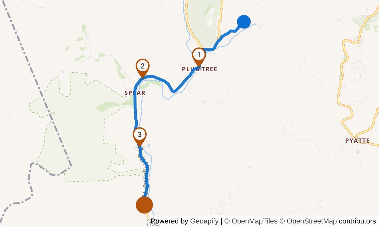 Map of leg 20: the route with mile markers, Exchange 19 to Exchange 20.