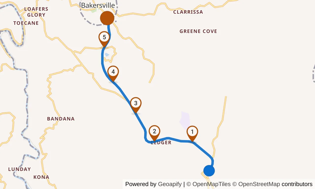 Map of leg 24: the route with mile markers, Exchange 23 to Exchange 24.