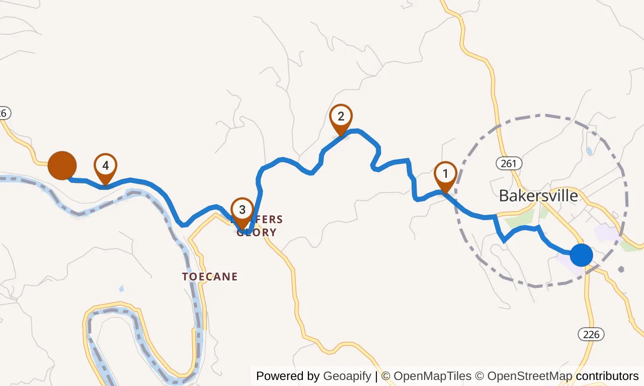 Map of leg 25: the route with mile markers, Exchange 24 to Exchange 25.
