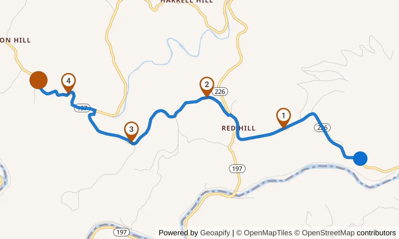 Map of leg 26: the route with mile markers, Exchange 25 to Exchange 26.