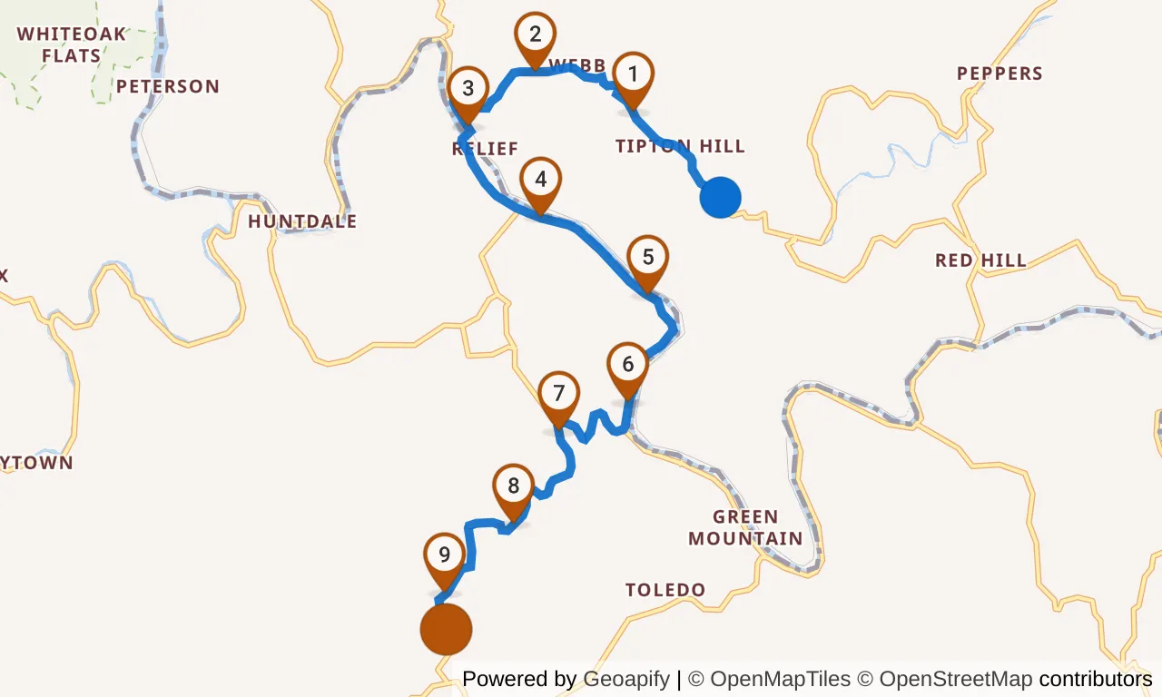 Map of leg 27: the route with mile markers, Exchange 26 to Exchange 27.