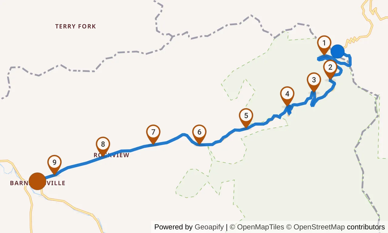 Map of leg 32: the route with mile markers, Exchange 31 to Exchange 32.