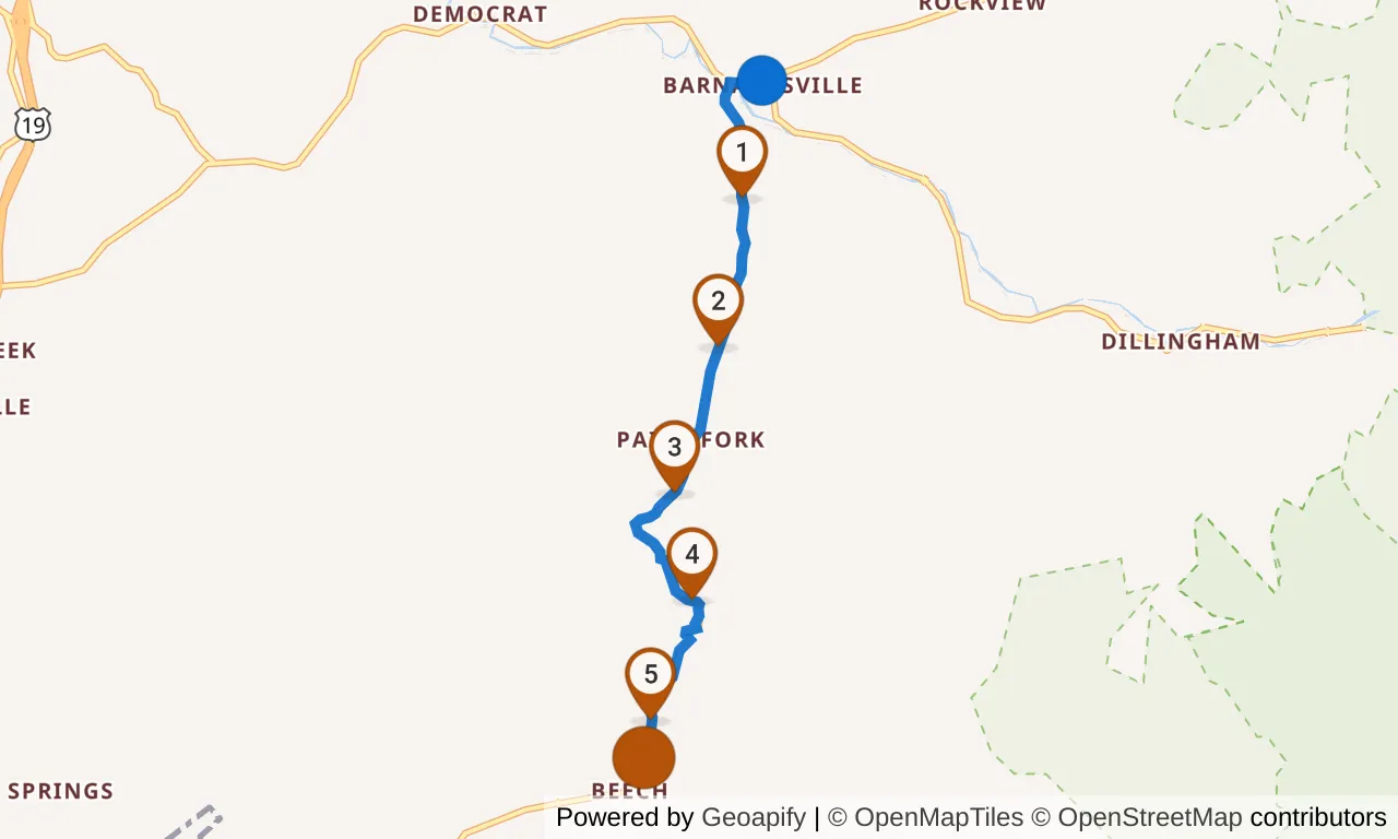 Map of leg 33: the route with mile markers, Exchange 32 to Exchange 33.