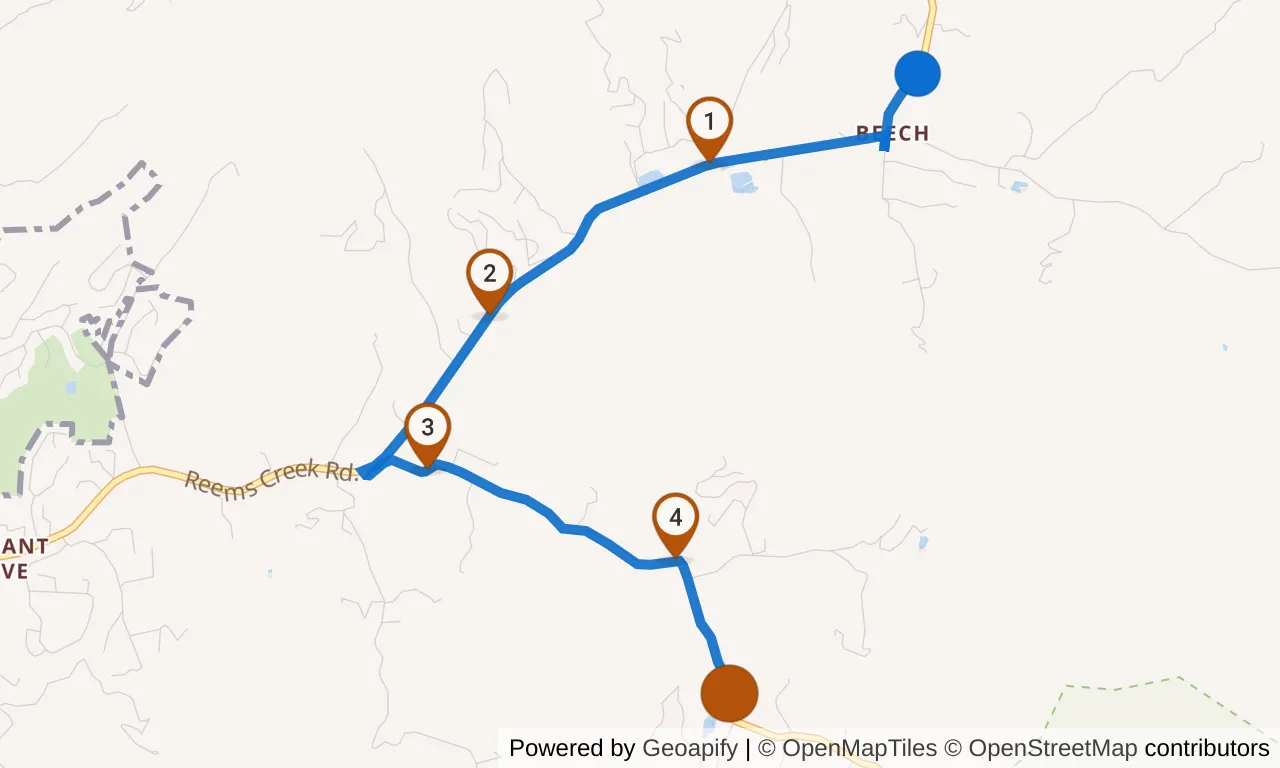 Map of leg 34: the route with mile markers, Exchange 33 to Exchange 34.