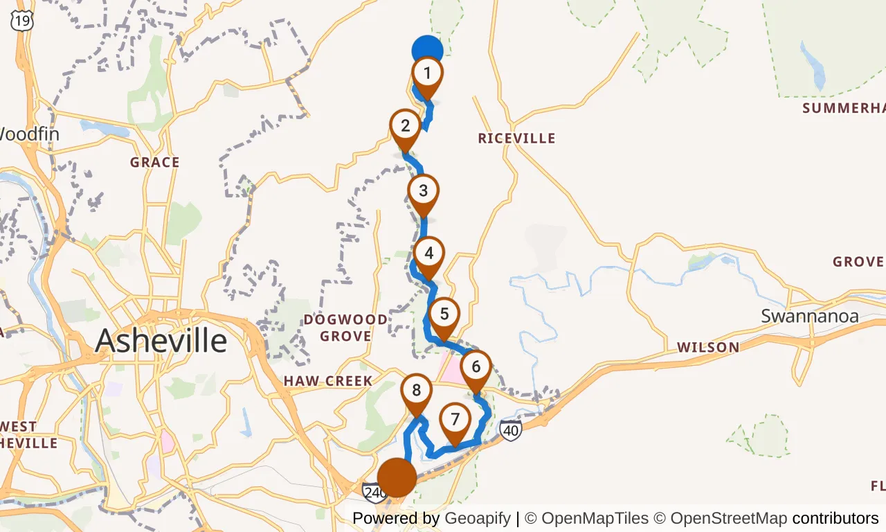 Map of leg 36: the route with mile markers, Exchange 35 to Asheville, NC.