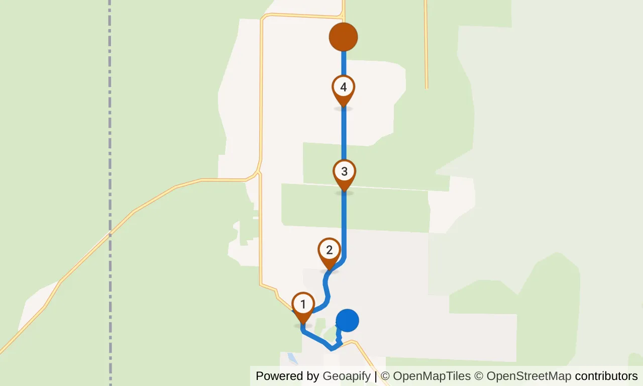 Map of leg 1: the route with mile markers, Powell Butte, OR to Exchange 1.