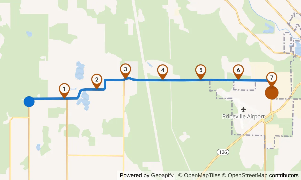 Map of leg 3: the route with mile markers, Exchange 2 to Exchange 3.