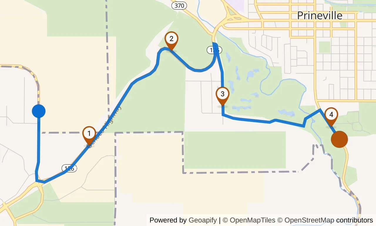Map of leg 4: the route with mile markers, Exchange 3 to Exchange 4.