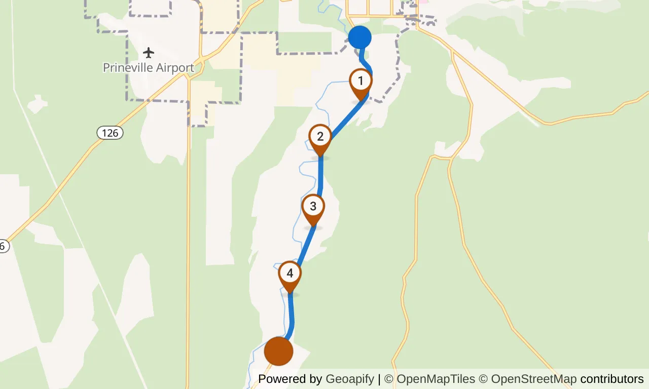 Map of leg 5: the route with mile markers, Exchange 4 to Exchange 5.