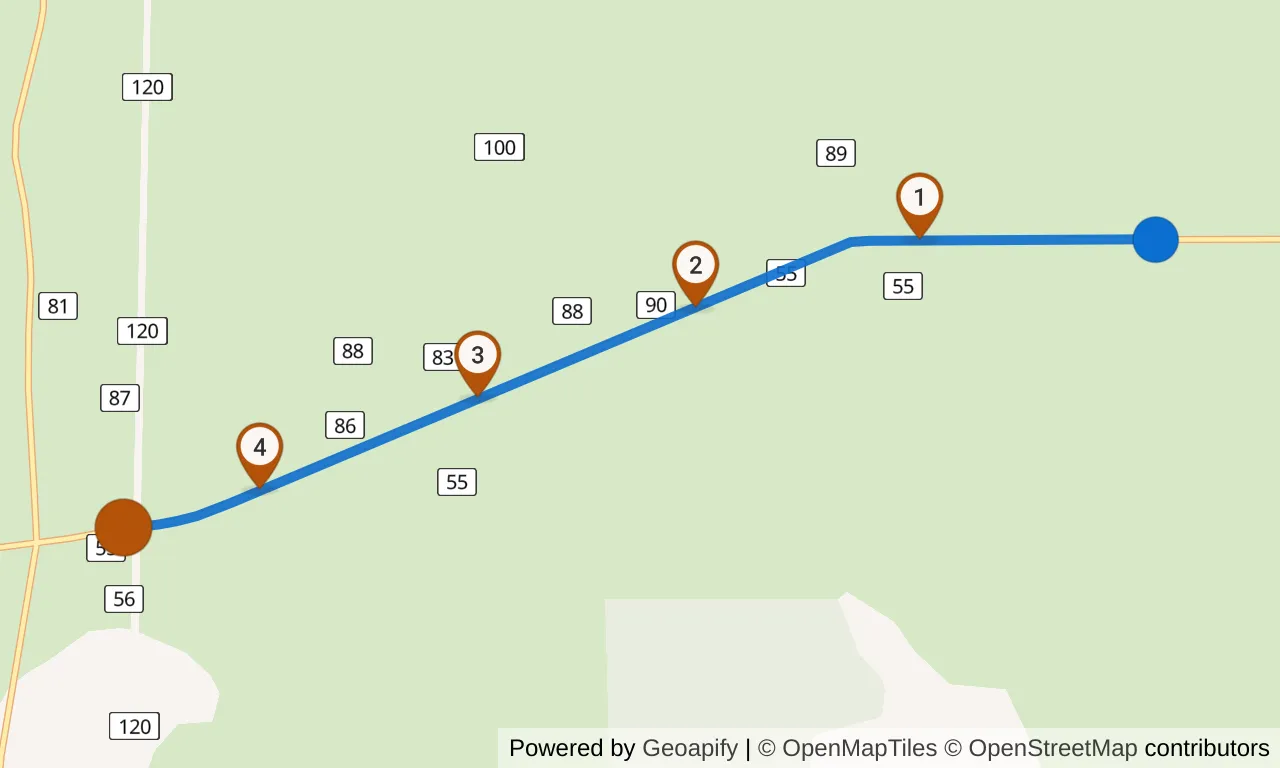Map of leg 9: the route with mile markers, Exchange 8 to Exchange 9.