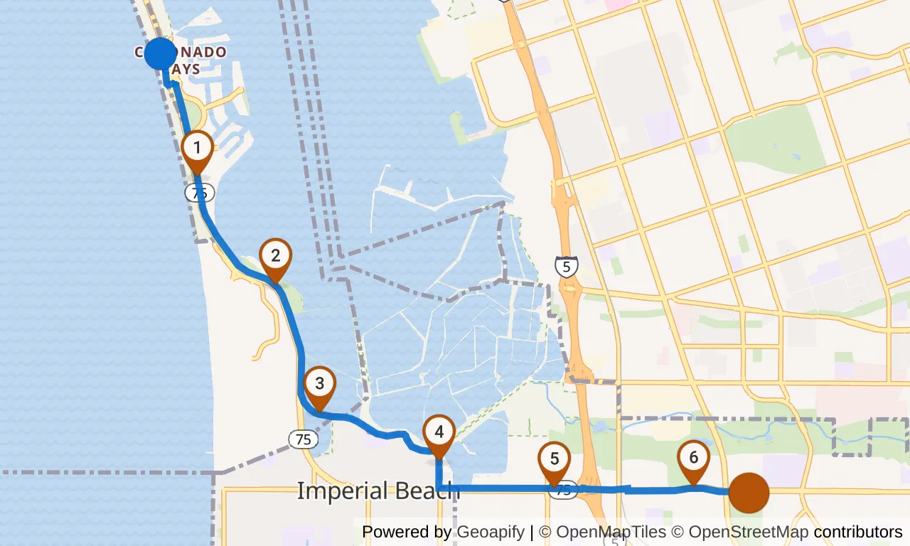 Map of leg 1: the route with mile markers, San Diego to Exchange 1.