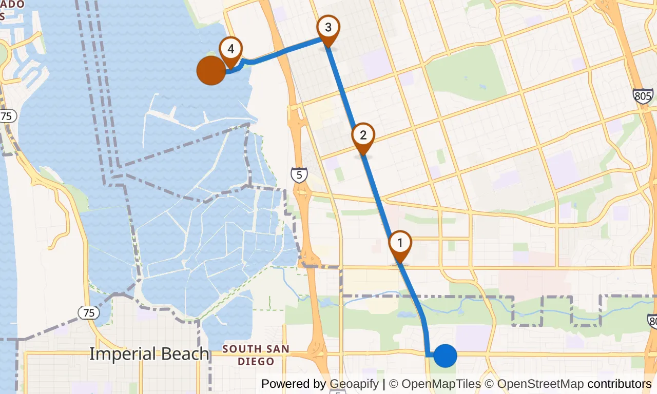 Map of leg 2: the route with mile markers, Exchange 1 to Exchange 2.