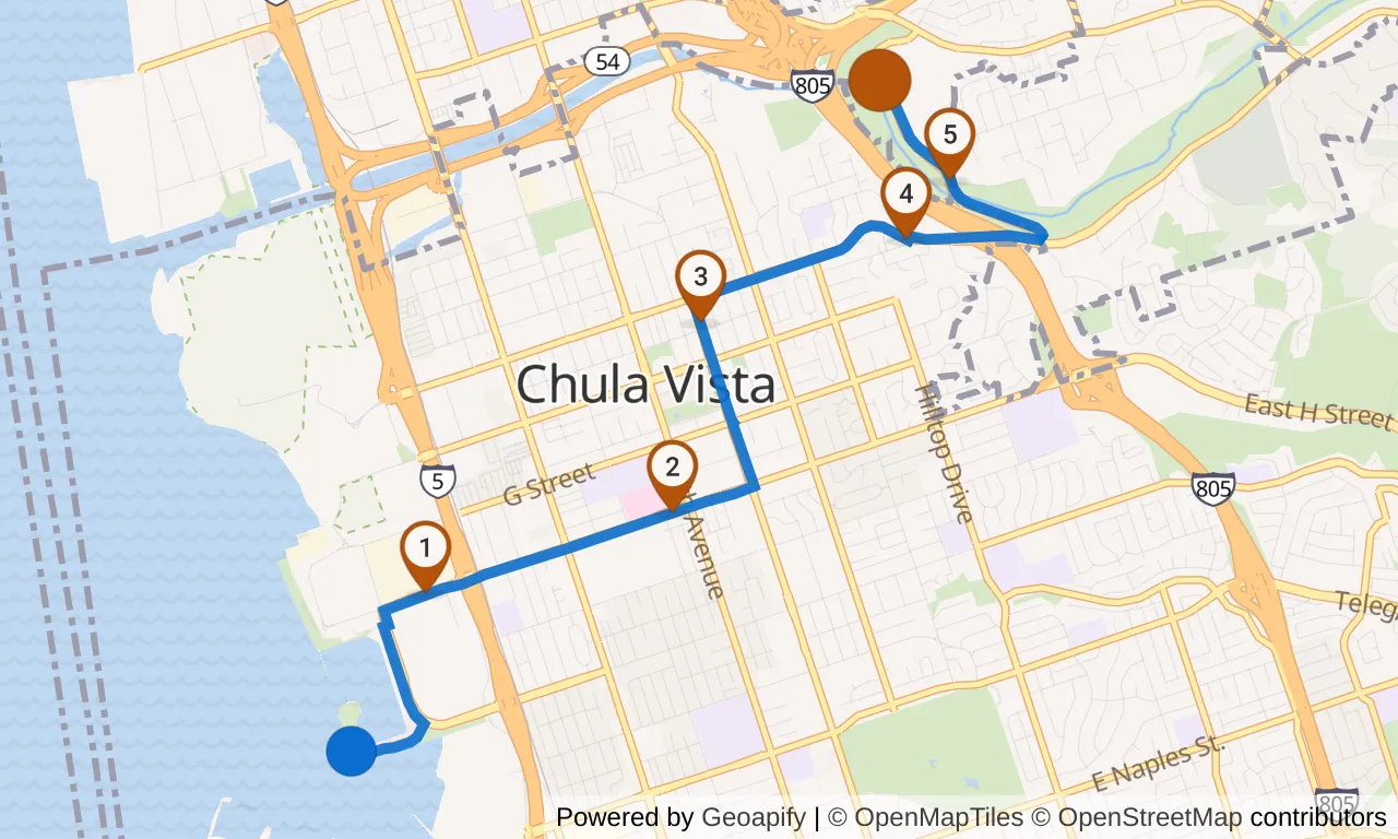 Map of leg 3: the route with mile markers, Exchange 2 to Exchange 3.