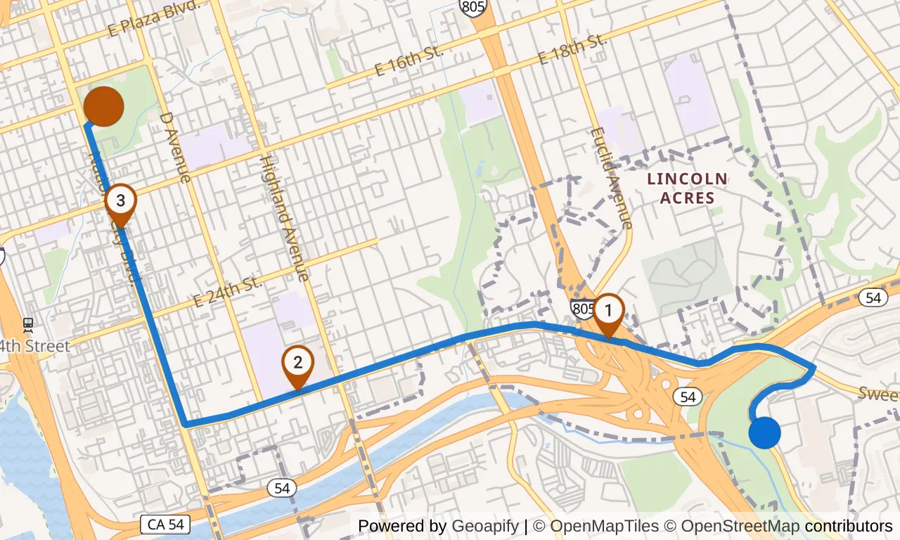 Map of leg 4: the route with mile markers, Exchange 3 to Exchange 4.