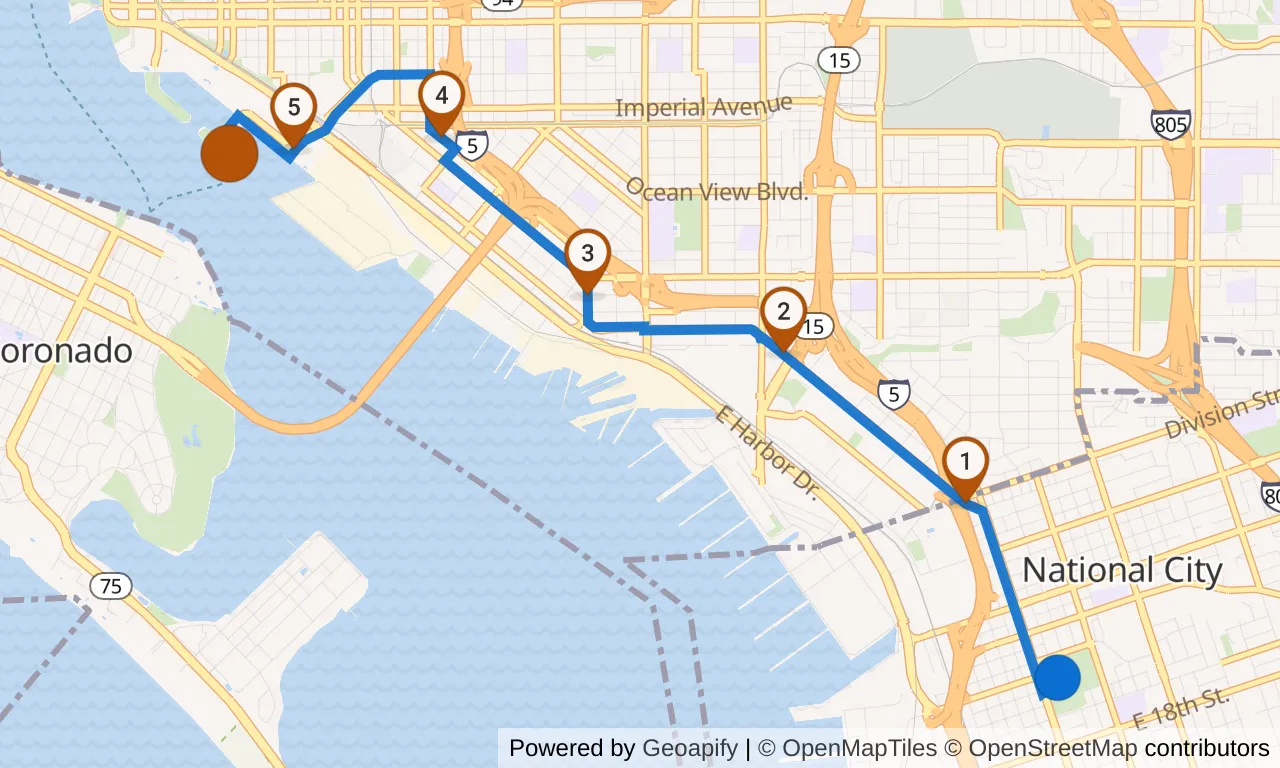 Map of leg 5: the route with mile markers, Exchange 4 to Exchange 5.