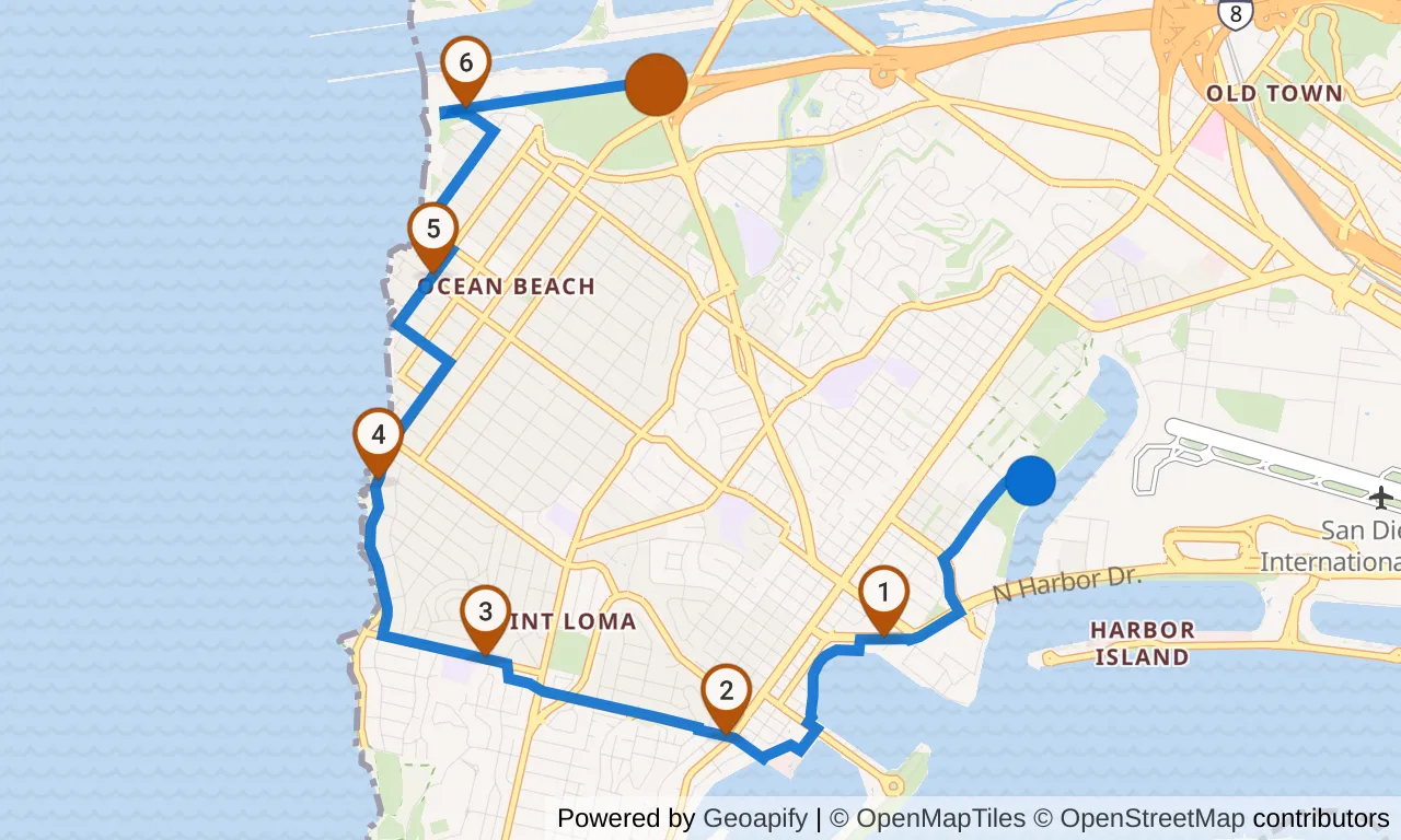Map of leg 7: the route with mile markers, Exchange 6 to Exchange 7.