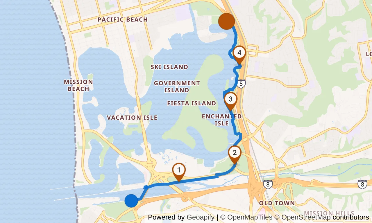 Map of leg 8: the route with mile markers, Exchange 7 to Exchange 8.