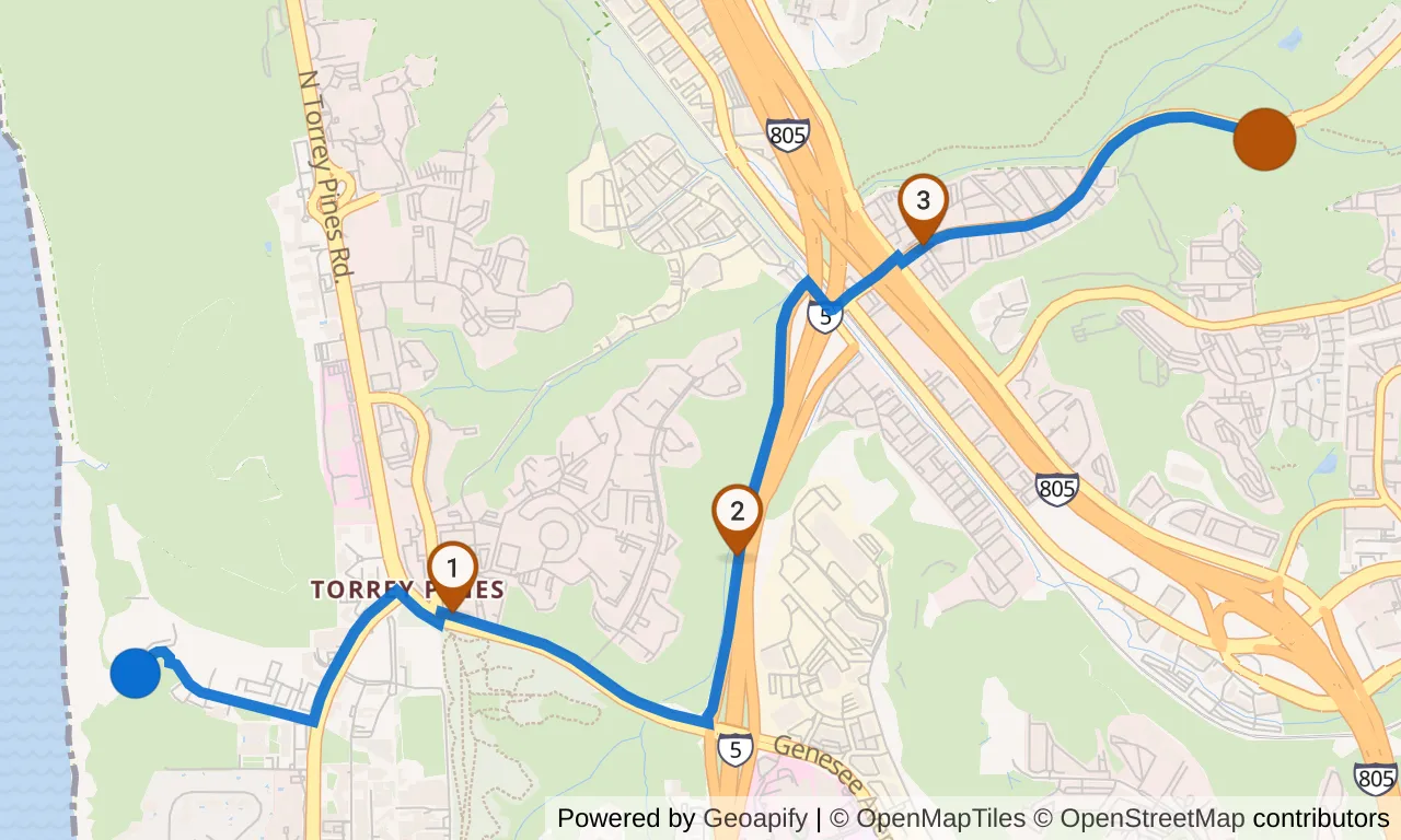Map of leg 13: the route with mile markers, Exchange 12 to Exchange 13.