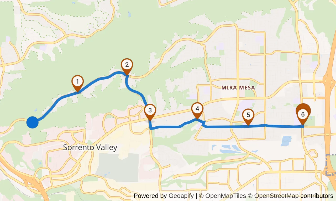Map of leg 14: the route with mile markers, Exchange 13 to Exchange 14.