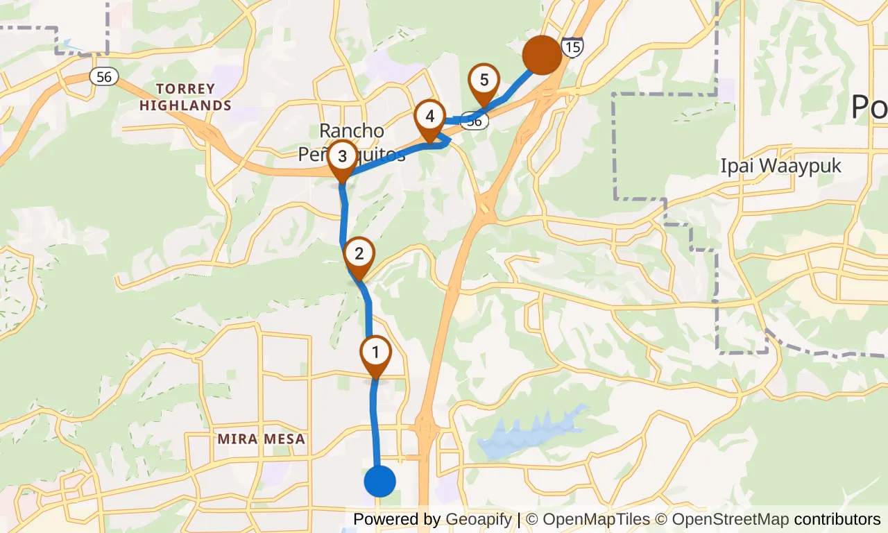 Map of leg 15: the route with mile markers, Exchange 14 to Exchange 15.