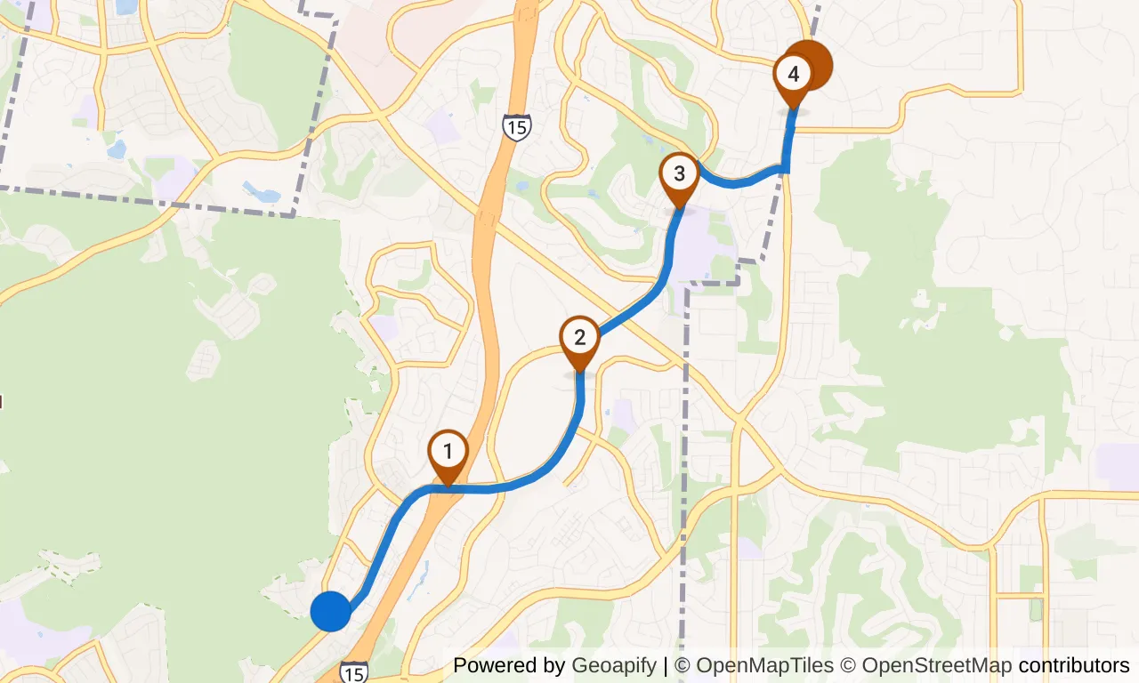 Map of leg 16: the route with mile markers, Exchange 15 to Exchange 16.