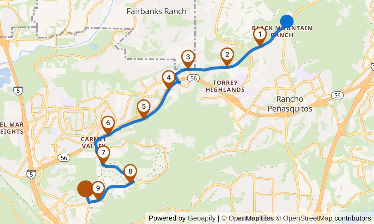 Map of leg 18: the route with mile markers, Exchange 17 to Exchange 18.