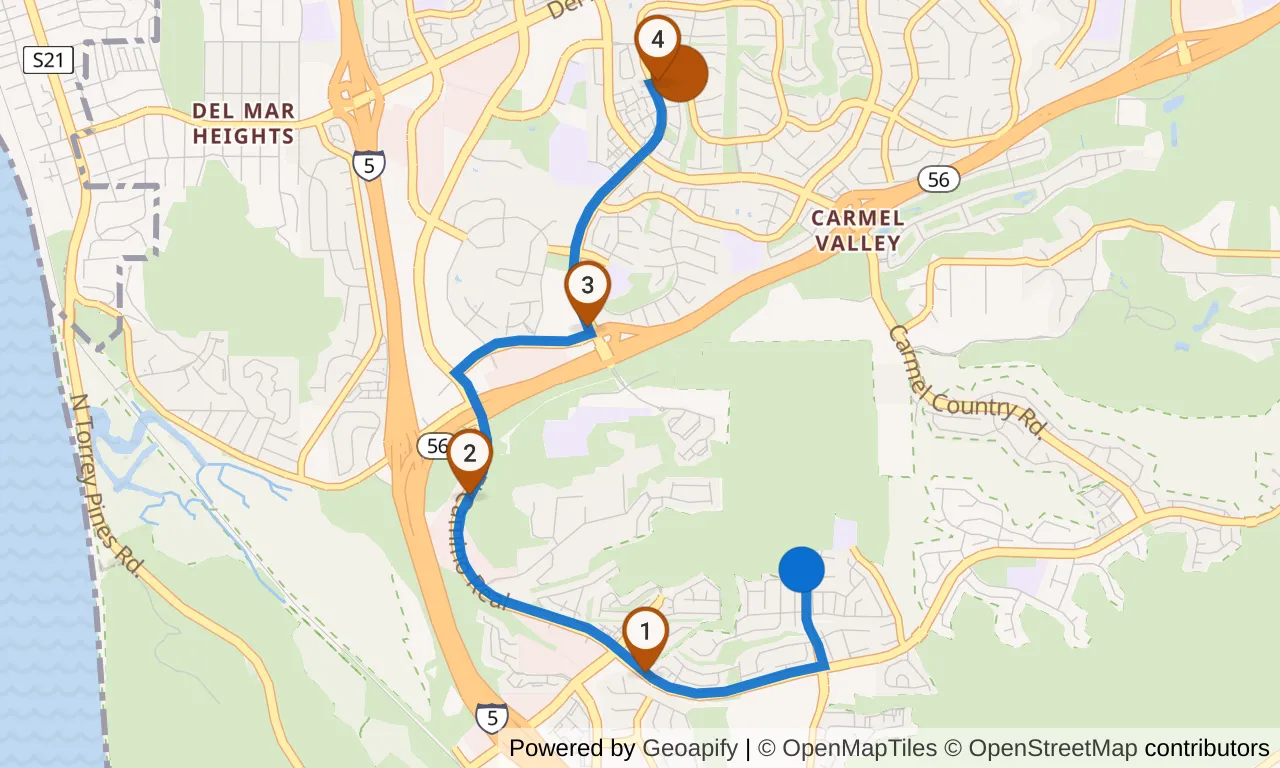 Map of leg 19: the route with mile markers, Exchange 18 to Exchange 19.