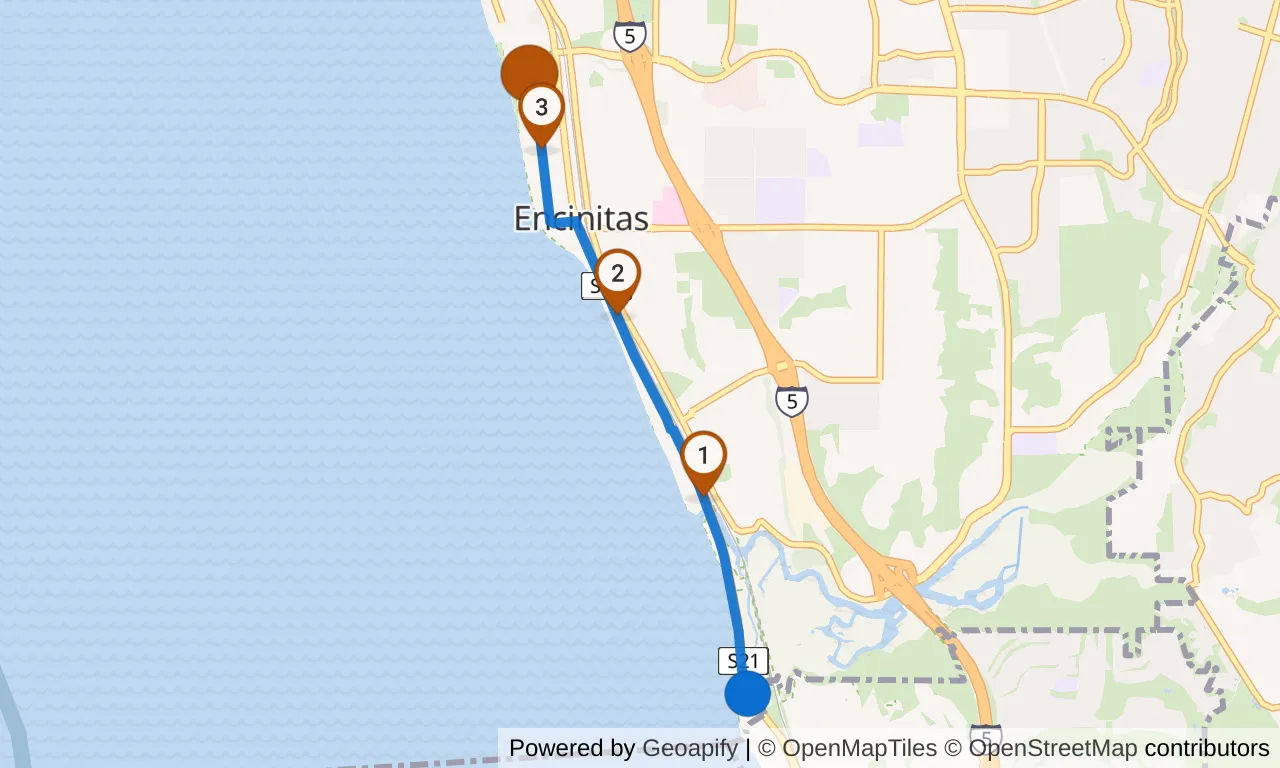 Map of leg 21: the route with mile markers, Exchange 20 to Exchange 21.