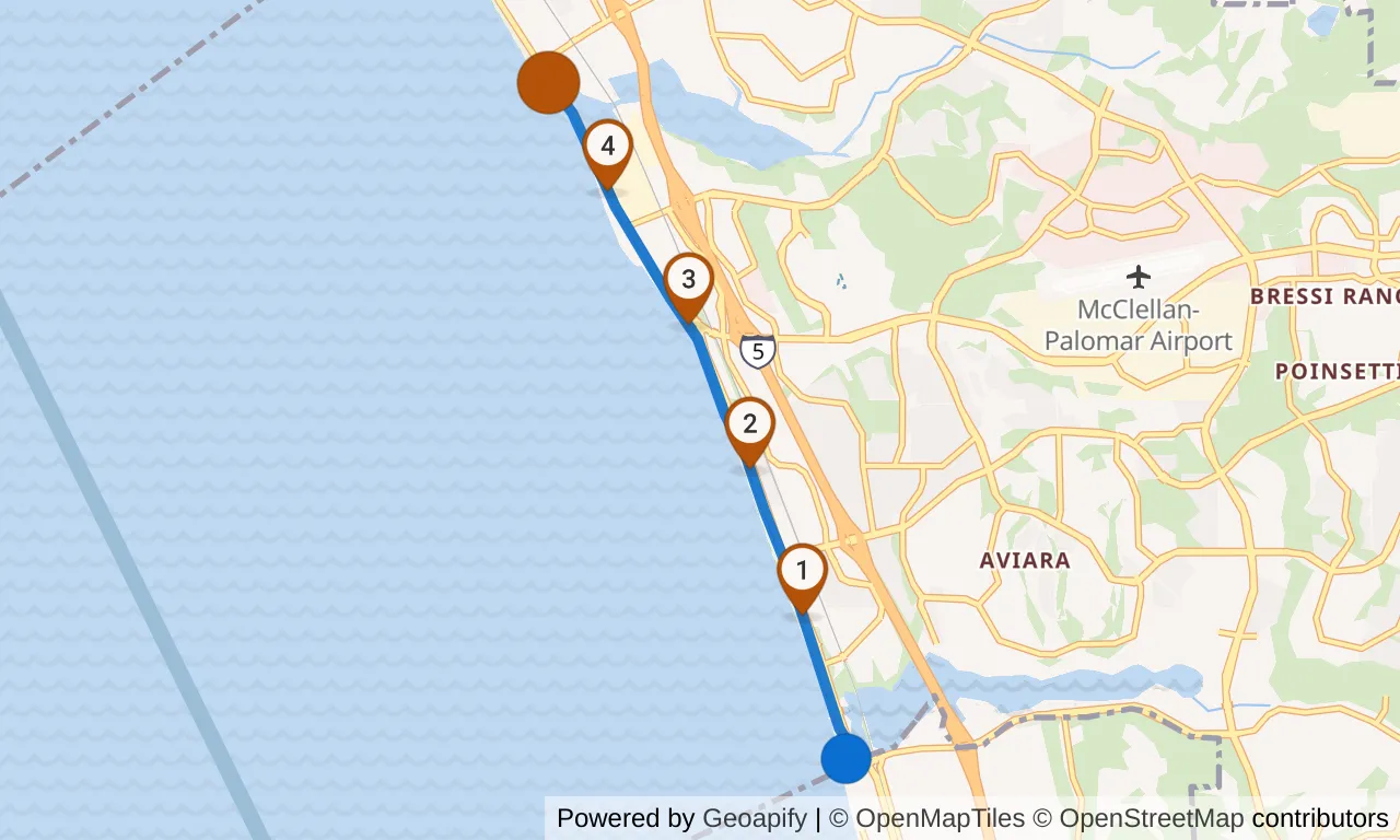 Map of leg 23: the route with mile markers, Exchange 22 to Exchange 23.