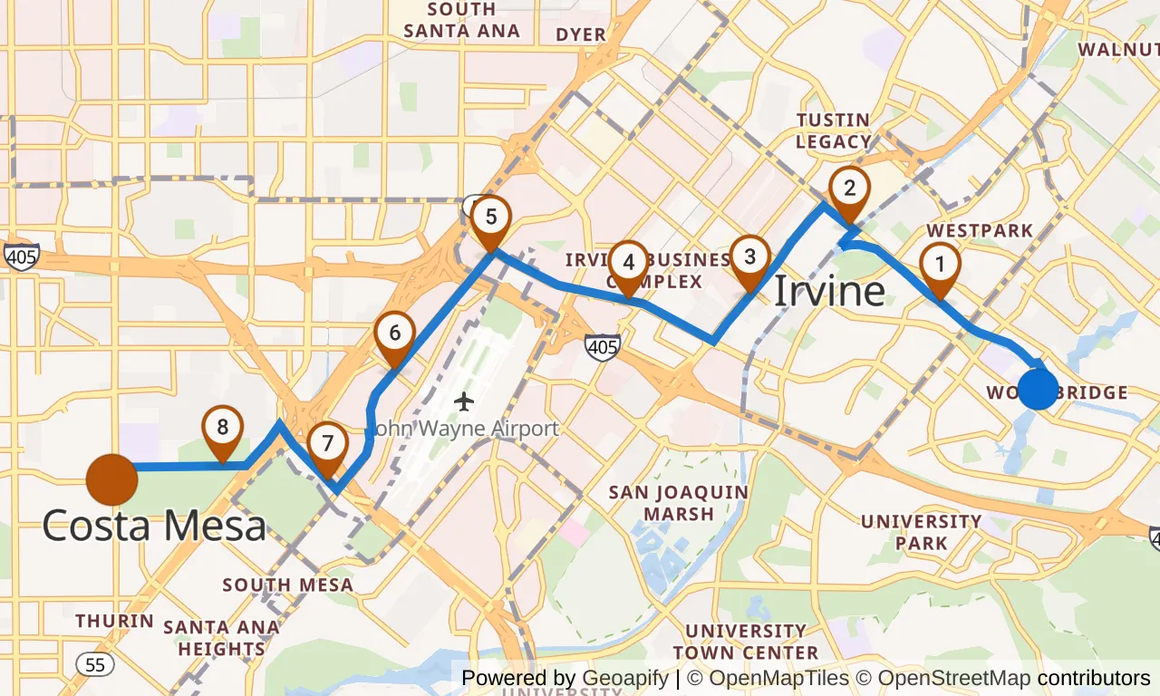 Map of leg 35: the route with mile markers, Exchange 34 to Exchange 35.