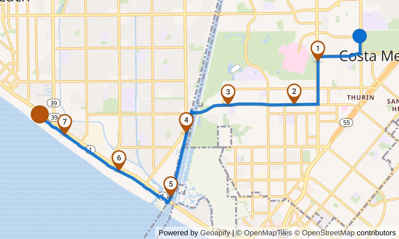 Map of leg 36: the route with mile markers, Exchange 35 to Huntington Beach, CA.
