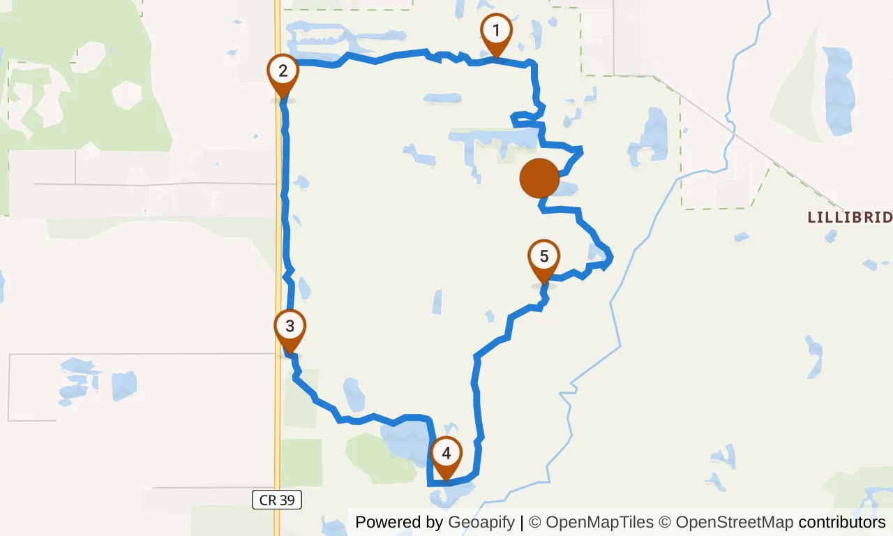Map of the Red loop: the route with mile markers.