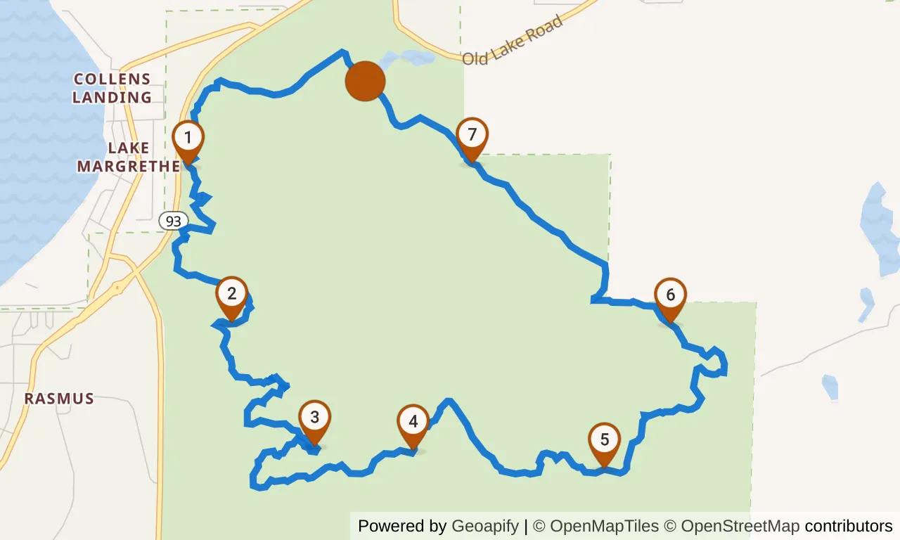 Map of the Red loop: the route with mile markers.
