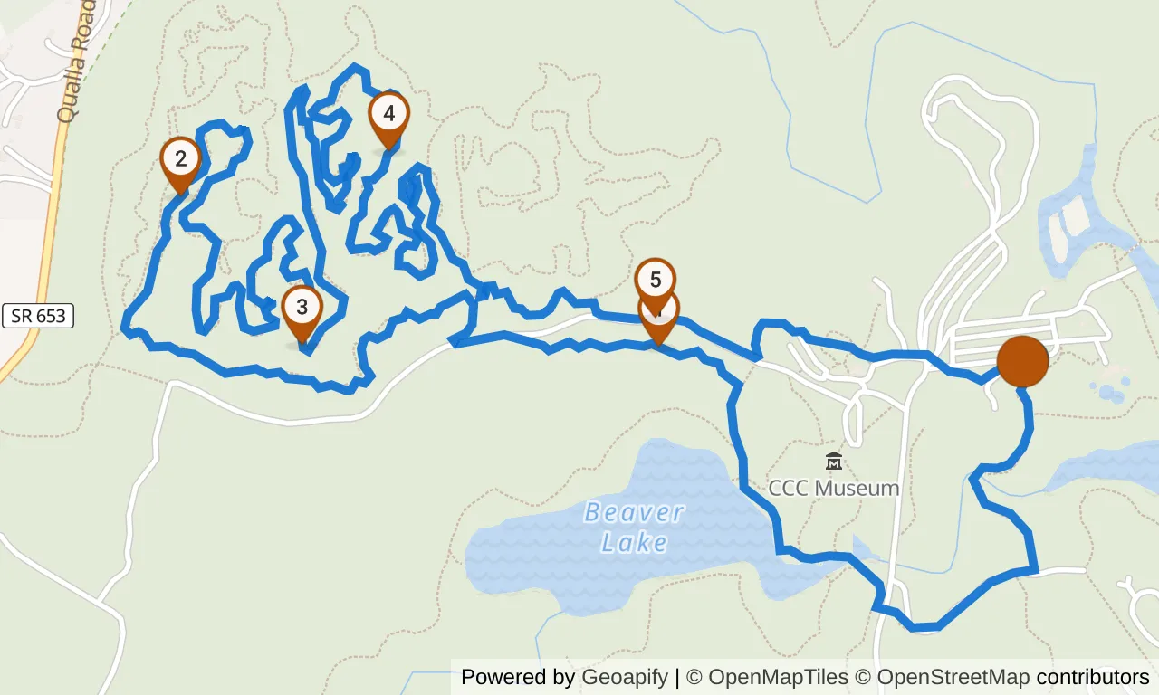 Map of the Red loop: the route with mile markers.